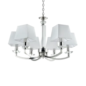 LAMPA WISZĄCA Dubai metalowa, niklowana rama, białe, kwadratowe abażury, kryształowe detale, piękna