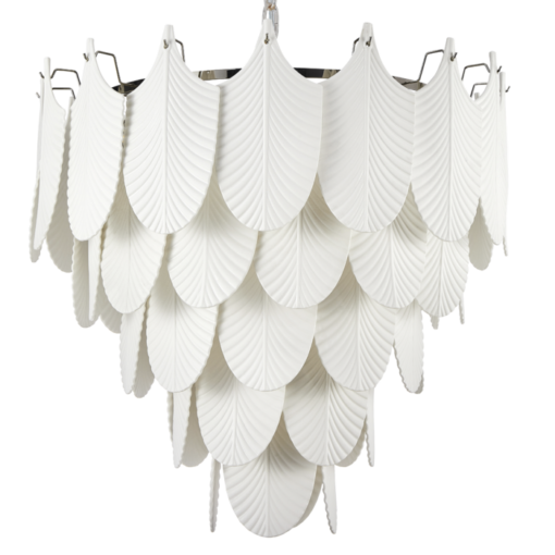 LAMPA WISZĄCA Palermo białe, ceramiczne liście, niklowana rama, piękna