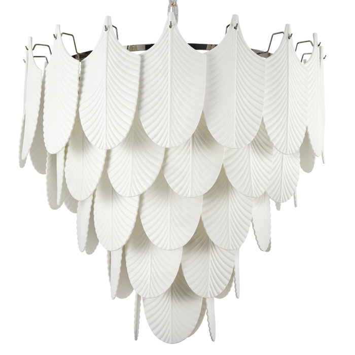 LAMPA WISZĄCA Palermo białe, ceramiczne liście, niklowana rama, piękna