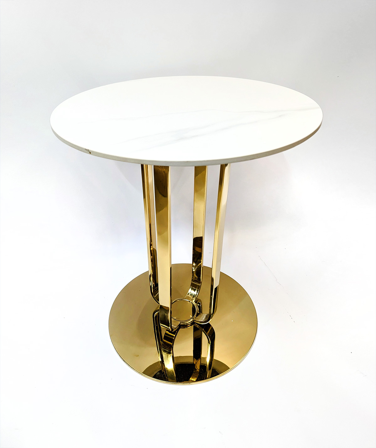 STOLIK POMOCNICZY konglomerat marmurowy, złota podstawa, okrągły, biały blat STOLIK POMOCNICZY konglomerat marmurowy, złota podstawa, okrągły, biały blat