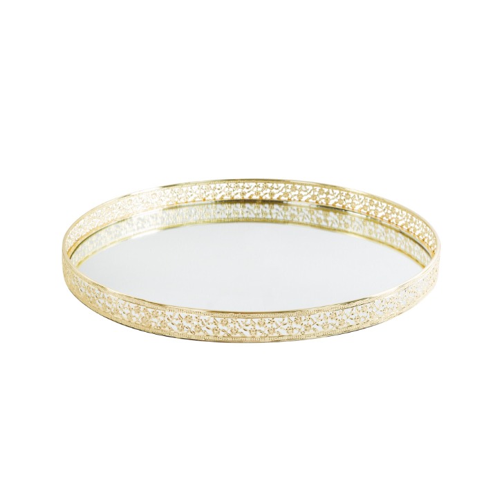 TACA DEKORACYJNA RIKI z lustrzanym blatem i ażurowym obrzeżem, metalowa, złota 40x3 cm TACA DEKORACYJNA RIKI z lustrzanym blatem i ażurowym obrzeżem, metalowa, złota 40x3 cm