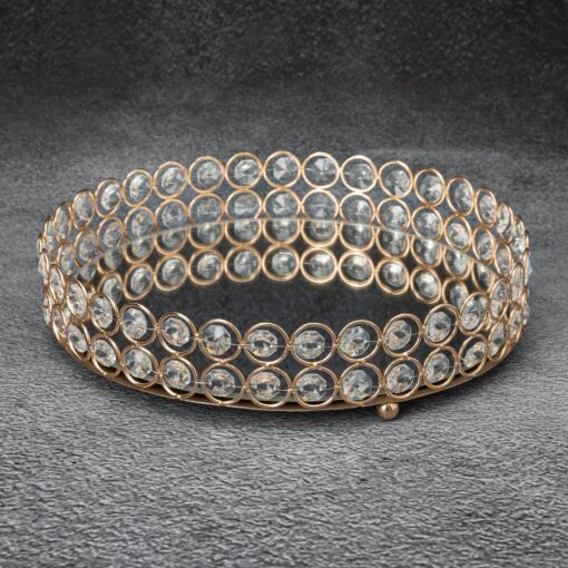TACA MESI okrągła metalowa z kryształami lustrzany blat styl glamour 25x6 cm