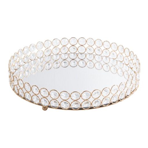 TACA MESI okrągła metalowa z kryształami lustrzany blat styl glamour 30x6 cm, ekskluzywna