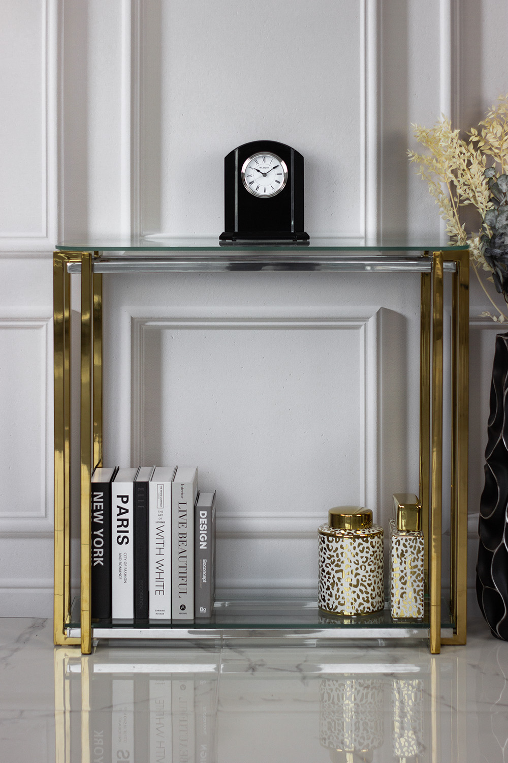 ZEGAR STOJĄCY kominkowy z drewna fortepianowego i szkła, czarny