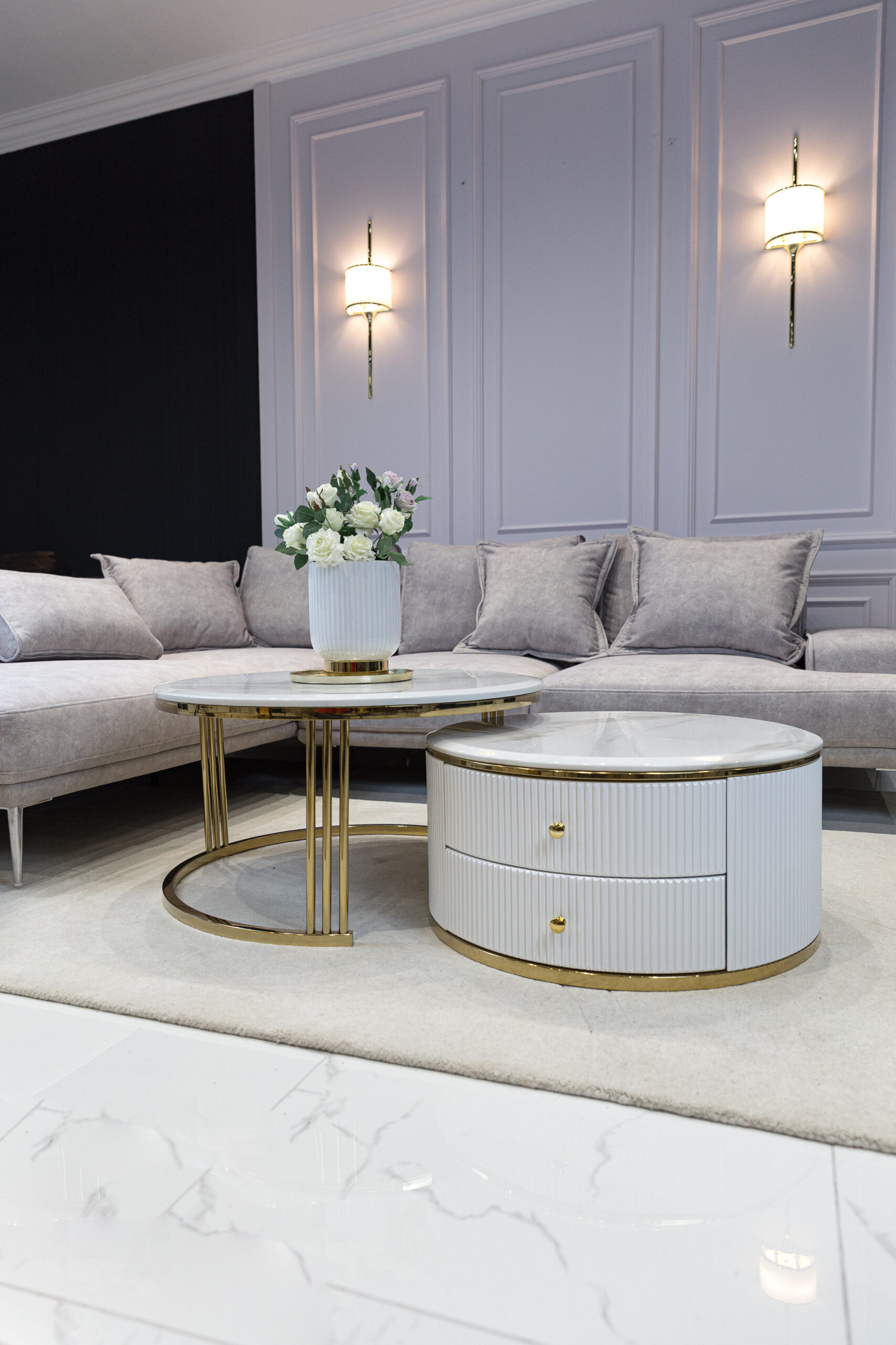 ZESTAW STOLIKÓW KAWOWYCH Anne 2w1, blat z konglomeratu marmurowego, ZŁOTY BŁYSZCZĄCY, ryflowany z szufladą, elegancki ZESTAW STOLIKÓW KAWOWYCH Anne 2w1, blat z konglomeratu marmurowego, ZŁOTY BŁYSZCZĄCY, ryflowany z szufladą, elegancki