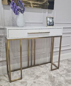 KONSOLA Naomi z dwiema szufladami, biały blat, złoty stelaż, styl glamour