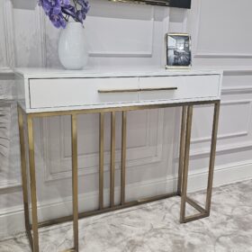 KONSOLA Naomi z dwiema szufladami, biały blat, złoty stelaż, styl glamour