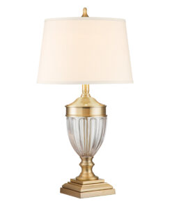 LAMPA STOŁOWA Dennison szczotkowany mosiądz, kremowy abażur, elegancka, styl klasyczny