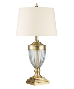 LAMPA STOŁOWA Dennison szczotkowany mosiądz, kremowy abażur, elegancka, styl klasyczny, piękna