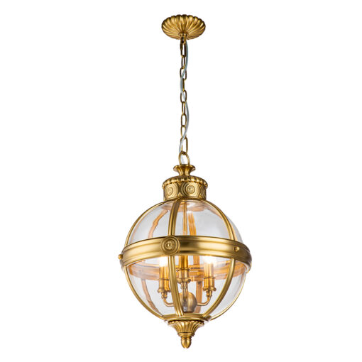LAMPA WISZĄCA Adams w kształcie kuli, styl hampton, 3 źródła światła, szczotkowany mosiądz