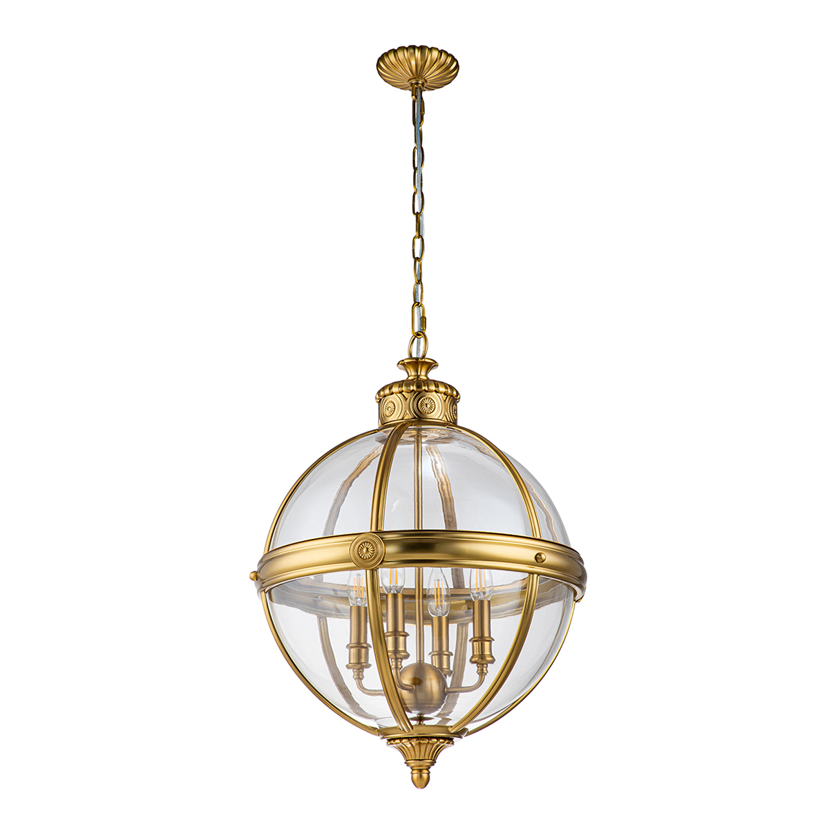 LAMPA WISZĄCA Adams w kształcie kuli, styl hampton, 4 źródła światła, szczotkowany mosiądz, piękna LAMPA WISZĄCA Adams w kształcie kuli, styl hampton, 4 źródła światła, szczotkowany mosiądz, piękna