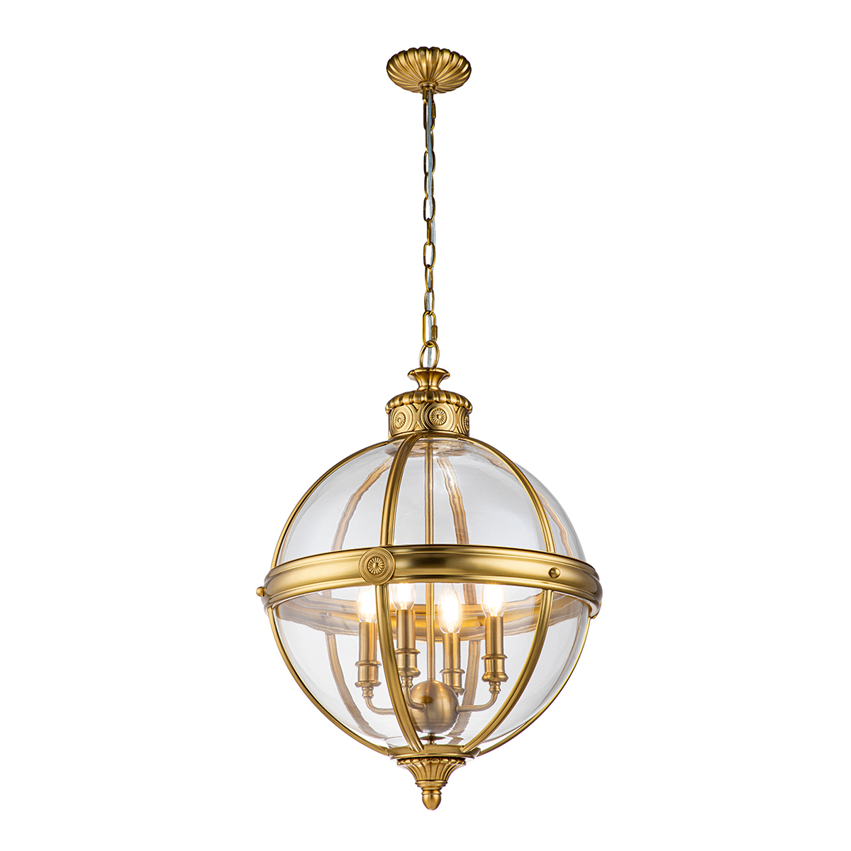 LAMPA WISZĄCA Adams w kształcie kuli, styl hampton, 4 źródła światła, szczotkowany mosiądz LAMPA WISZĄCA Adams w kształcie kuli, styl hampton, 4 źródła światła, szczotkowany mosiądz