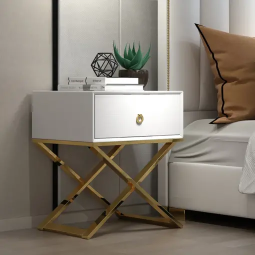 SZAFKA NOCNA Bia y Blat Z ote Metalowe Nogi Styl Glamour Decor You SZAFKA NOCNA Bia y Blat Z ote Metalowe Nogi Styl Glamour Decor You