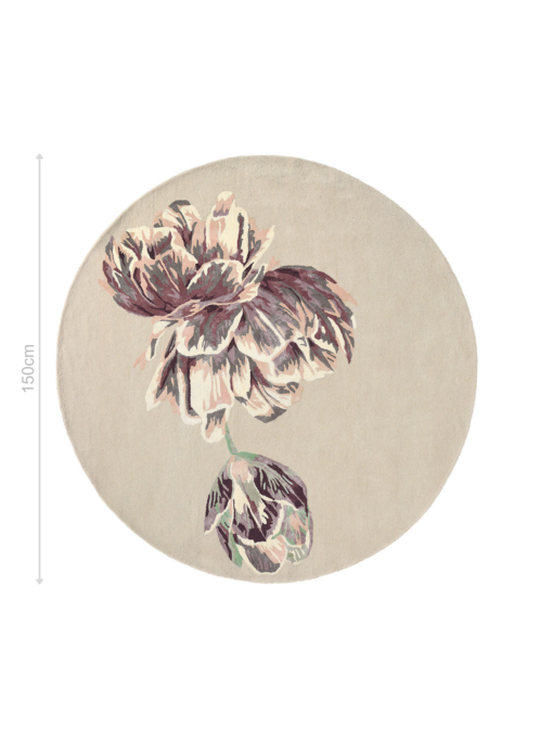 DYWAN Tranquility Round Beige, fioletowo beżowy, motyw kwiatowy, tkany ręcznie 150 cm, wymiary