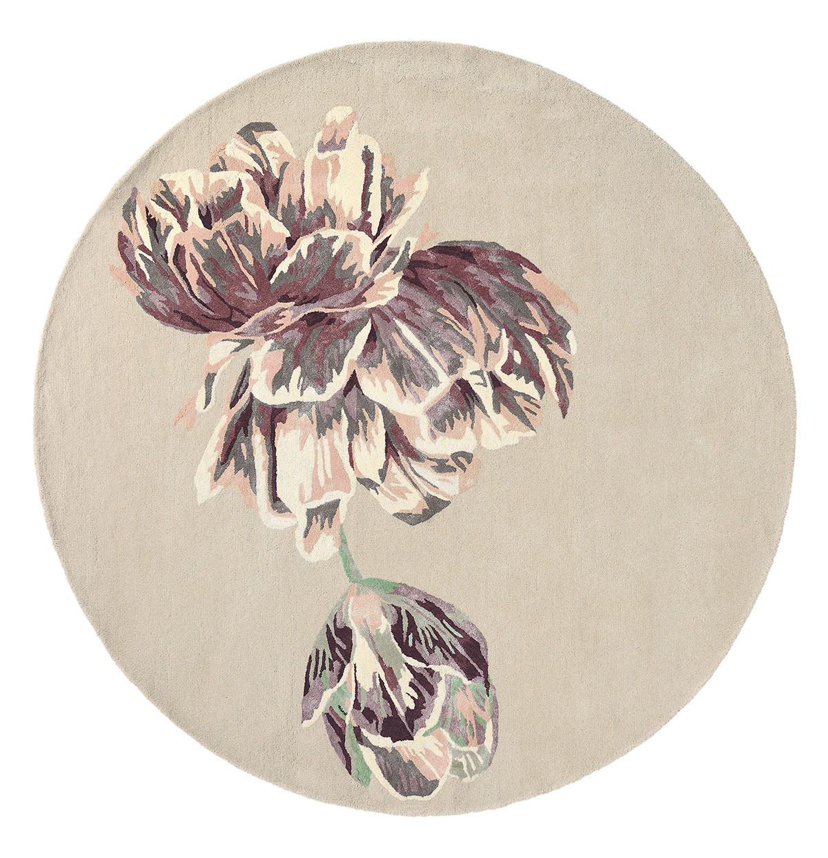 DYWAN Tranquility Round Beige, fioletowo beżowy, motyw kwiatowy, tkany ręcznie