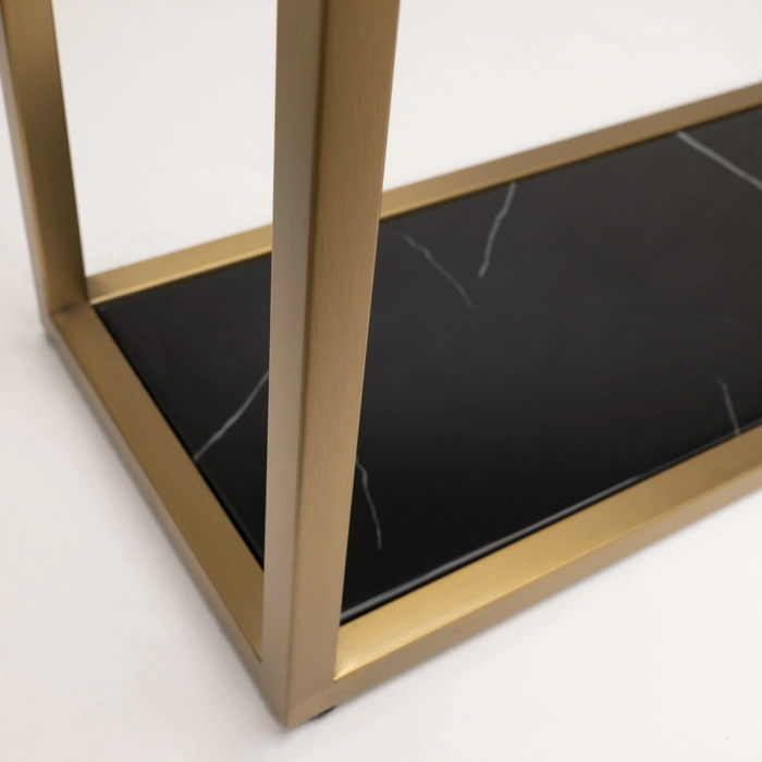 KONSOLA Astoria mosiężno czarna z półką, styl glamour, podwójny blat