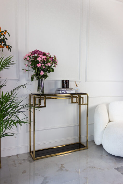 KONSOLA Astoria złoto czarna z półką, styl glamour, eksluzywna