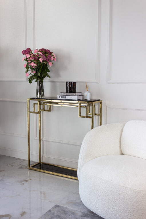 KONSOLA Astoria złoto czarna z półką, styl glamour, wysoki połysk