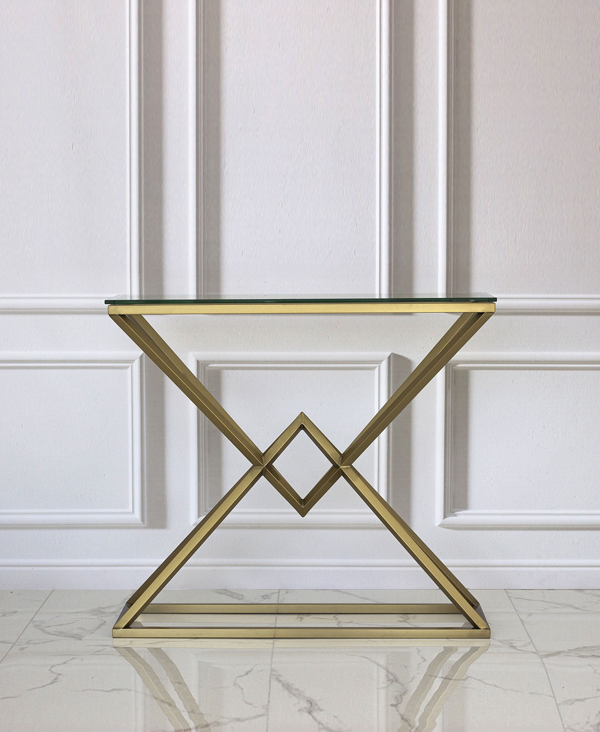 KONSOLA Grand mosiężna, wąska, szklany blat, styl glamour, piękna KONSOLA Grand mosiężna, wąska, szklany blat, styl glamour, piękna