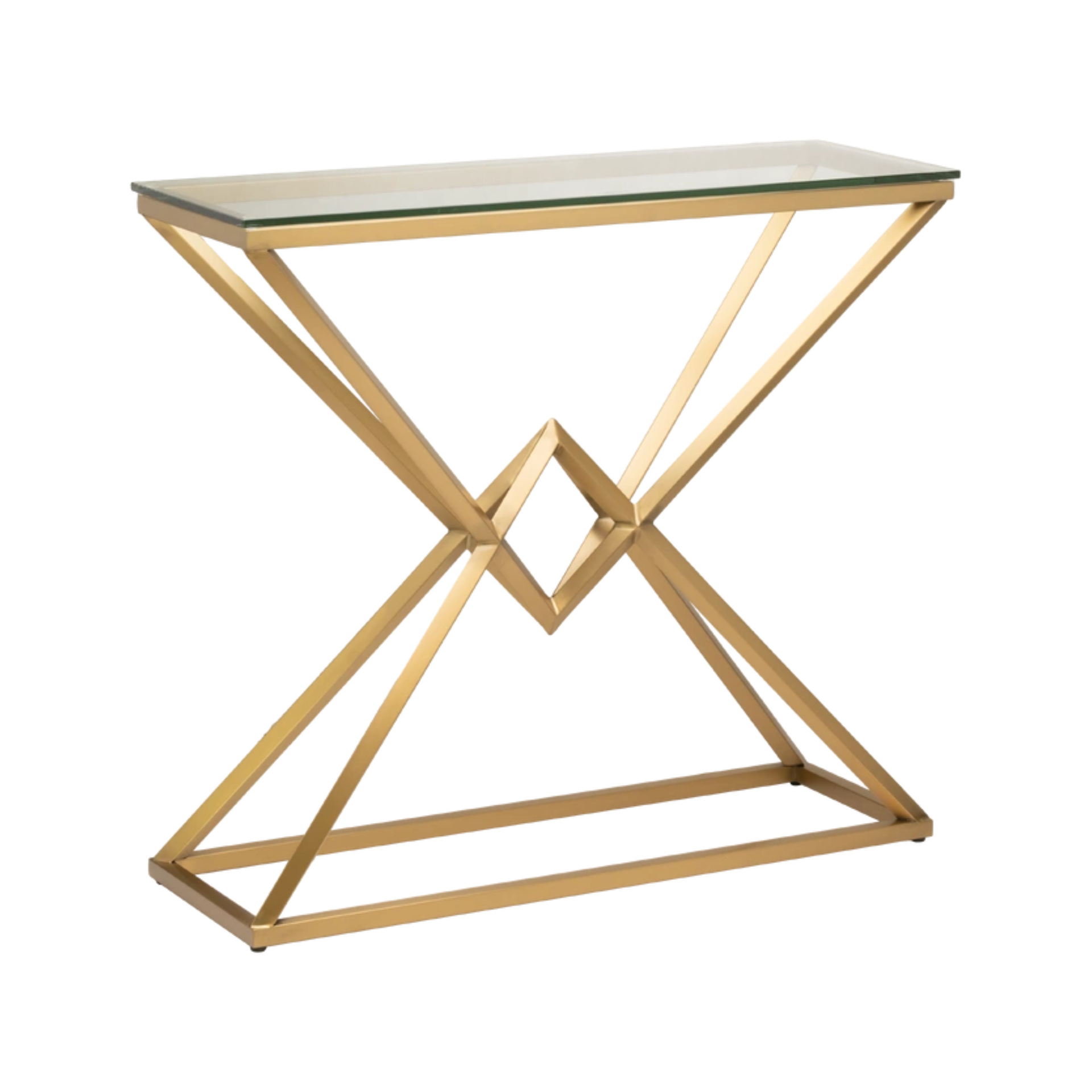 KONSOLA Grand mosiężna, wąska, szklany blat, styl glamour KONSOLA Grand mosiężna, wąska, szklany blat, styl glamour