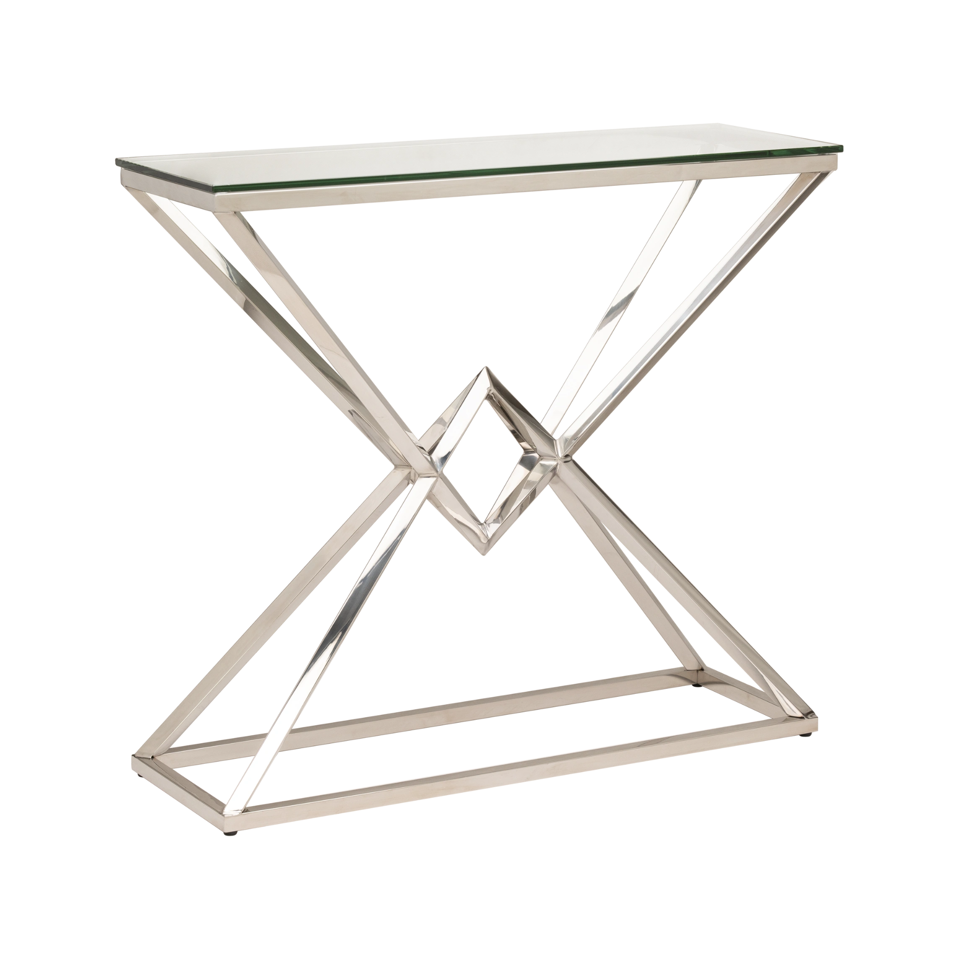 KONSOLA Grand srebrna, wąska, szklany blat, styl glamour KONSOLA Grand srebrna, wąska, szklany blat, styl glamour