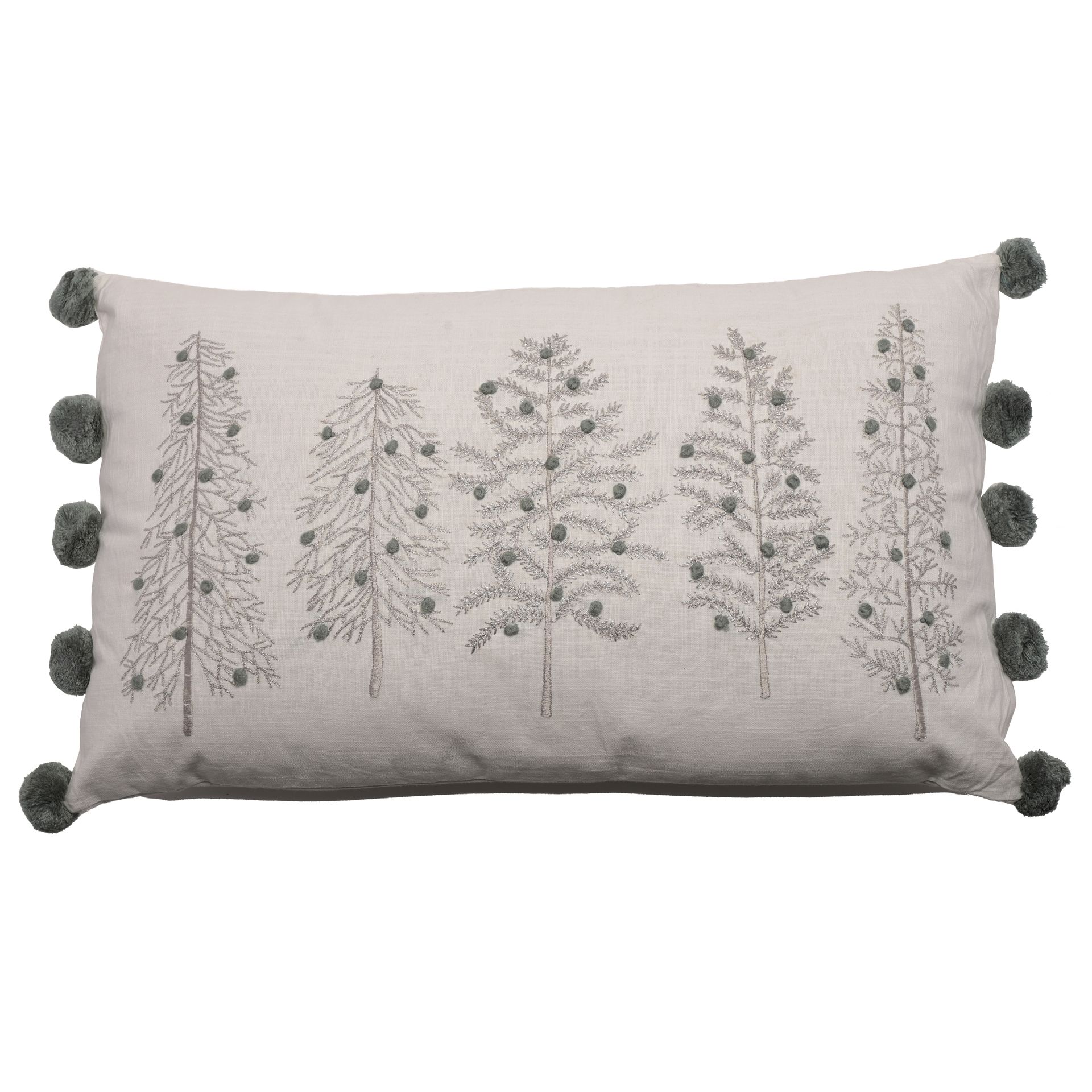 PODUSZKA prostokątna, srebrna, motyw choinek, z pomponami, piękna
