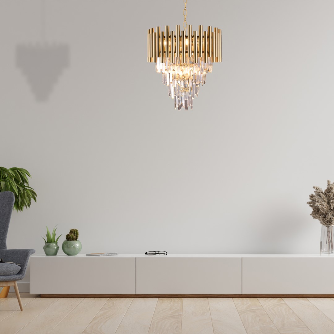 ŻYRANDOL Madison Gold złoty stelaż w kształcie rurek, kryształowy abażur, piękny, dostojny ŻYRANDOL Madison Gold złoty stelaż w kształcie rurek, kryształowy abażur, piękny, dostojny