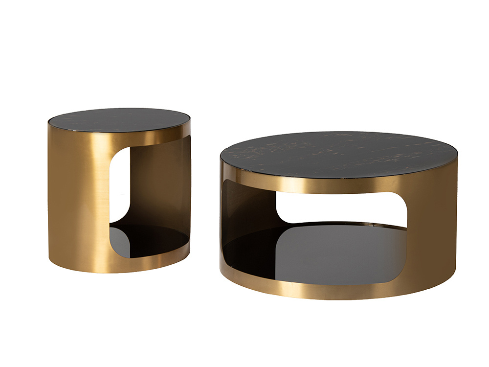 STOLIK KAWOWY satynowe złoto, dwa czarne blaty, konglomerat marmurowy, nowoczesny design, ekskluzywny