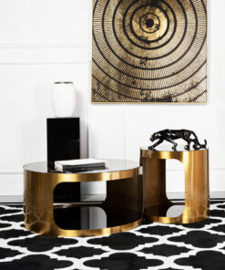 STOLIK KAWOWY satynowe złoto, dwa czarne blaty, konglomerat marmurowy, nowoczesny design, piękny