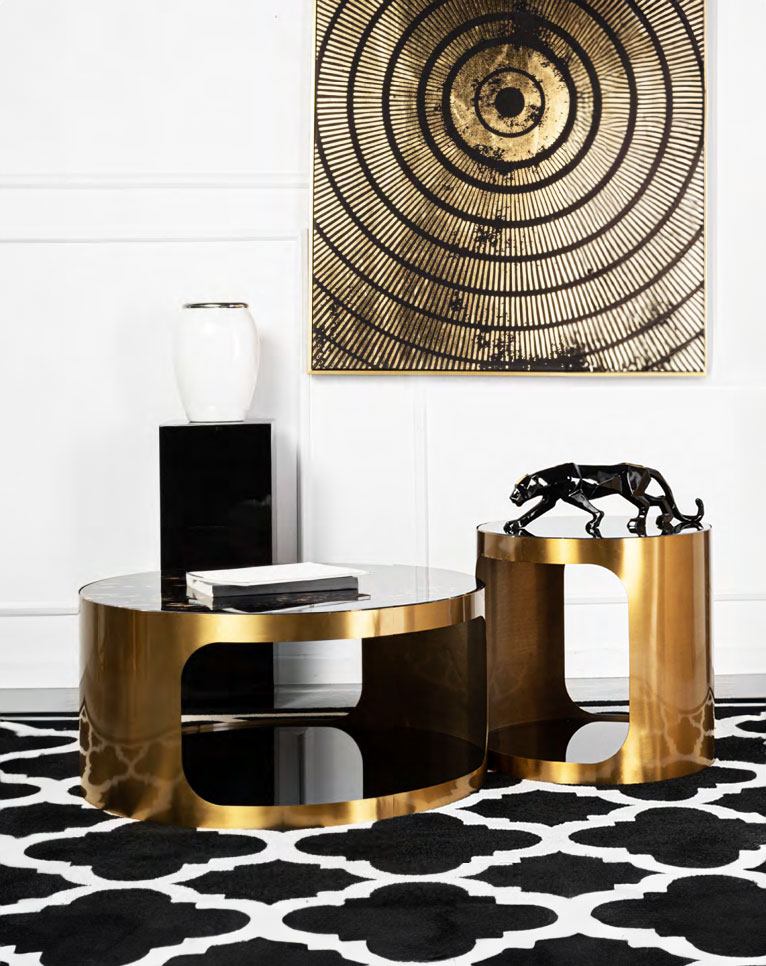 STOLIK KAWOWY satynowe złoto, dwa czarne blaty, konglomerat marmurowy, nowoczesny design, piękny