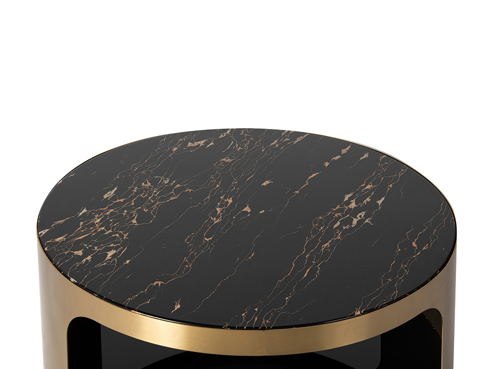 STOLIK KAWOWY satynowe złoto, dwa czarne blaty, konglomerat marmurowy, nowoczesny design, wyjątkowy