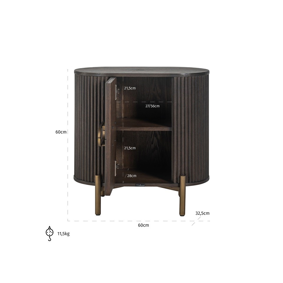 SZAFKA NOCNA Luxor z drewna dębowego, prążkowany wzór, złote detale, klasyczna, wymiary