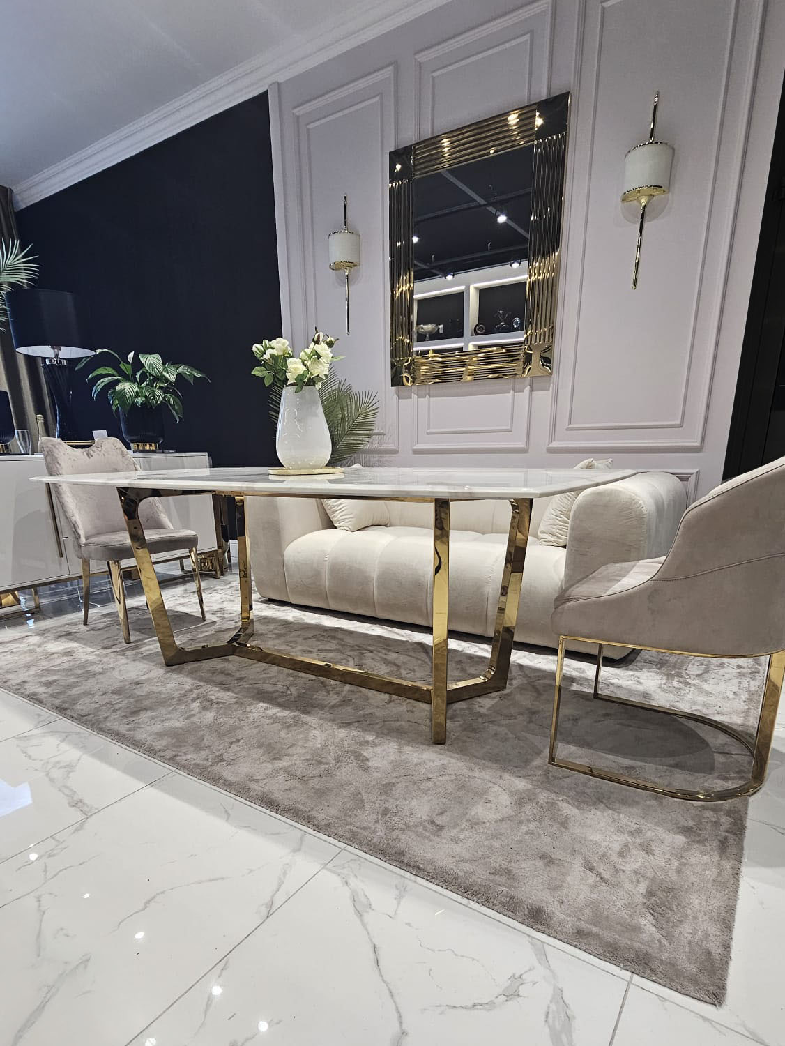 STÓŁ prostokątny Winston, biały, marmurowy blat, złote nogi, styl glamour, ekskluzywny