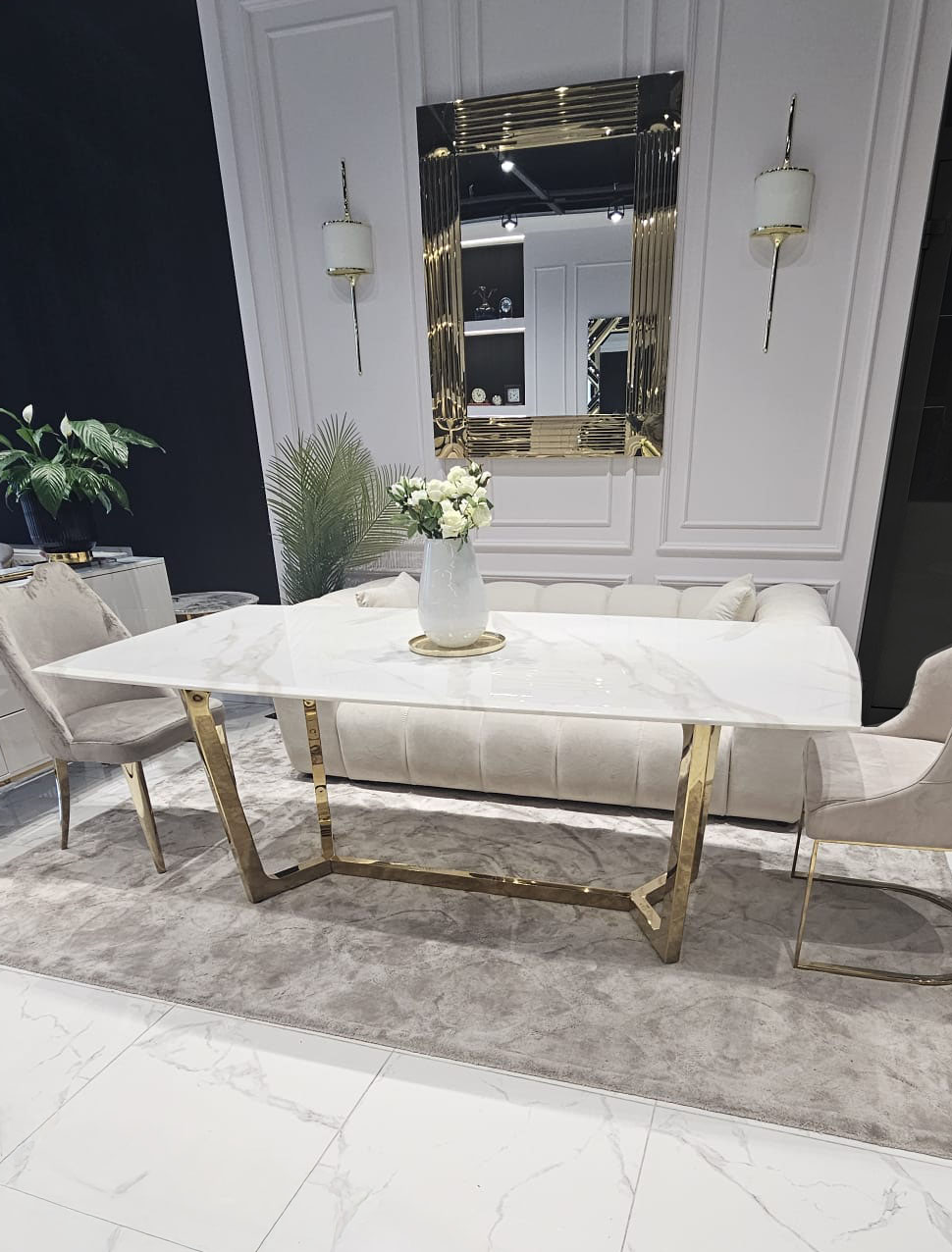 STÓŁ prostokątny Winston, biały, marmurowy blat, złote nogi, styl glamour, piękny