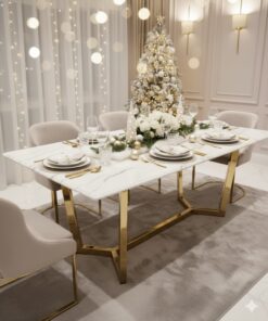 STÓŁ prostokątny Winston, biały, marmurowy blat, złote nogi, styl glamour, święta