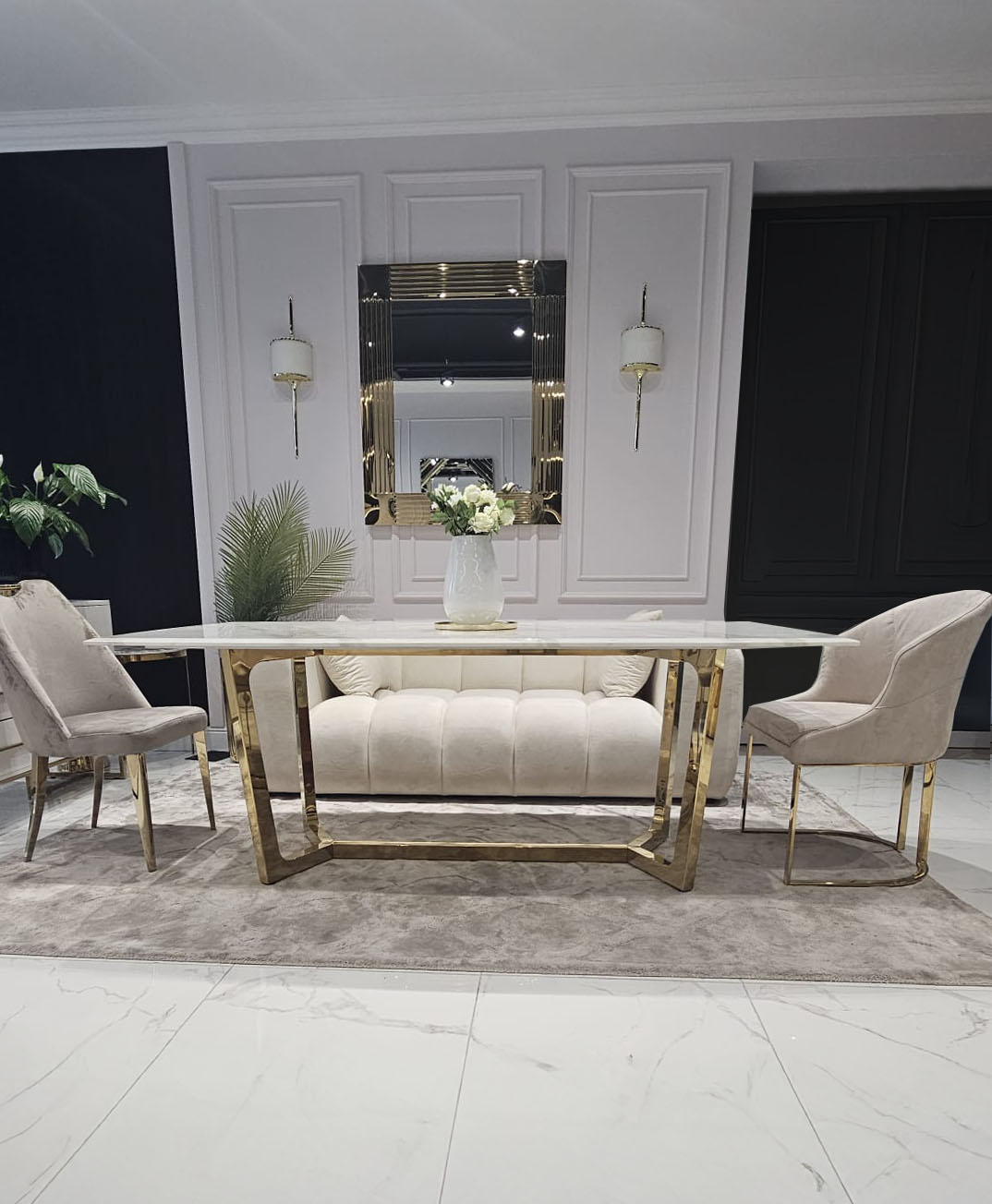 STÓŁ prostokątny Winston, biały, marmurowy blat, złote nogi, styl glamour