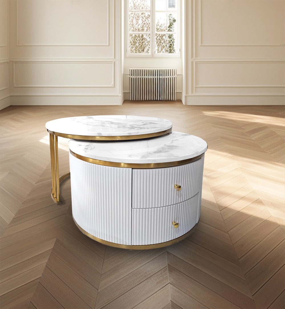 STOLIK KAWOWY podwójny, biało-złoty, dwie szuflady, okrągły STOLIK KAWOWY podwójny, biało-złoty, dwie szuflady, okrągły