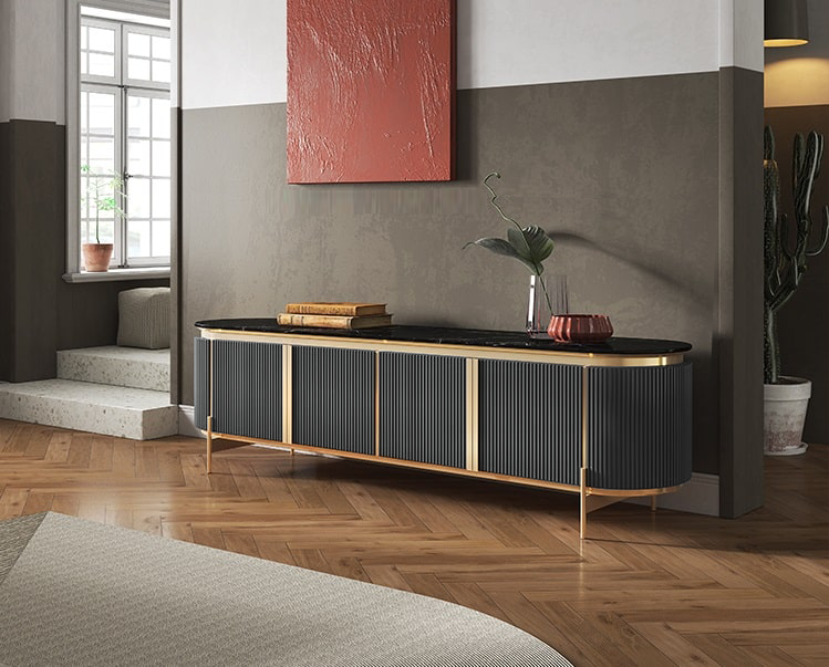 SZAFKA RTV grafitowa, złote detale, czarny blat ze spieku kamiennego, ekskluzywna, piękna SZAFKA RTV grafitowa, złote detale, czarny blat ze spieku kamiennego, ekskluzywna, piękna