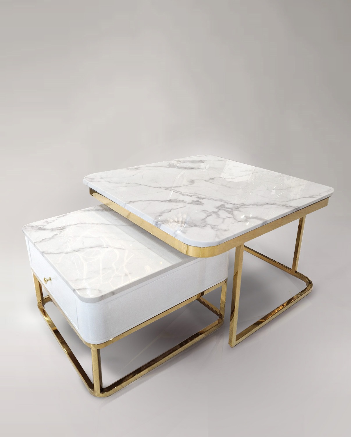 ZESATW STOLIKÓW KAWOWYCH 2 w 1 biało-złote, marmurowy blat, styl glamour ZESATW STOLIKÓW KAWOWYCH 2 w 1 biało-złote, marmurowy blat, styl glamour