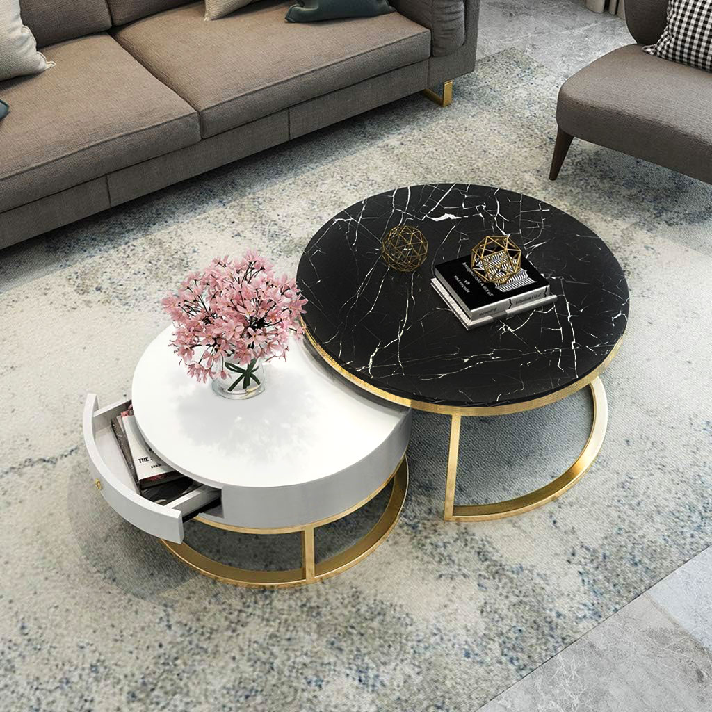 ZESTAW STOLIKÓW KAWOWYCH 2w1 biało-czarny, złote zdobienia, syntetyczny marmur