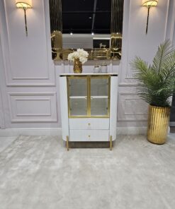 KOMODA biała Anne, złote elementy, 2-drzwiowa, styl glamour, ekskluzywna
