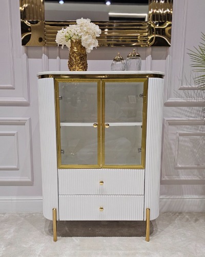 KOMODA biała Anne, złote elementy, 2-drzwiowa, styl glamour, piękna