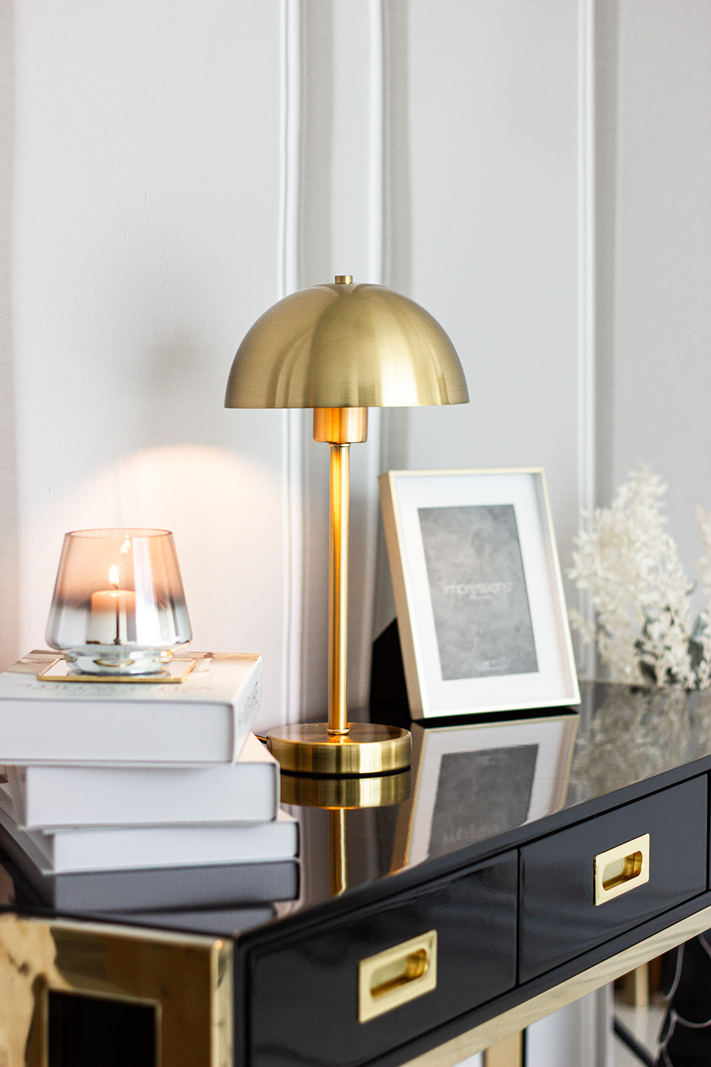 LAMPA STOŁOWA złota, metaliczne wykończenie, styl glamour, wyjątkowa