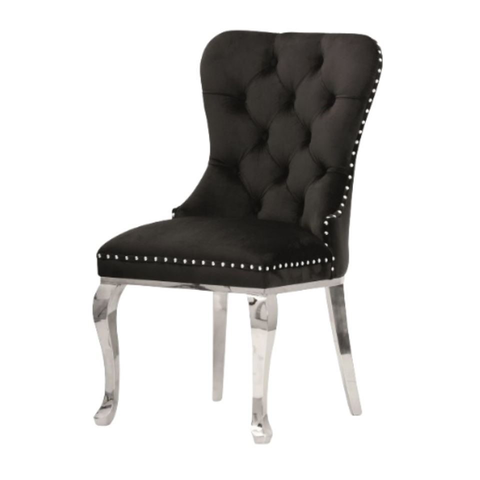 KRZESŁO w ludwikowskim stylu ze srebrnymi nogami i pikowanym siedziskiem, czarne KRZESŁO w ludwikowskim stylu ze srebrnymi nogami i pikowanym siedziskiem, czarne