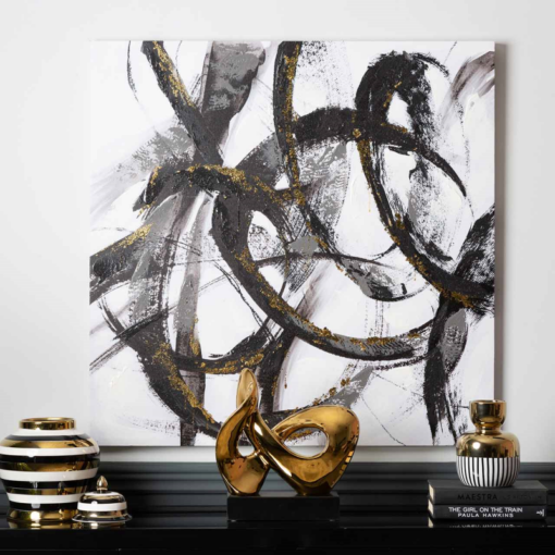 OBRAZ biało-czarny z elementami złota, kwadratowy, abstrakcyjny styl, piękny