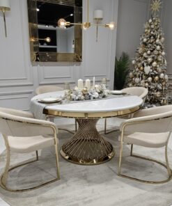 STÓŁ Emporio okrągły, blat ze sztucznego marmuru, złota, zakręcona, designerska podstawa, klasyczny glamour