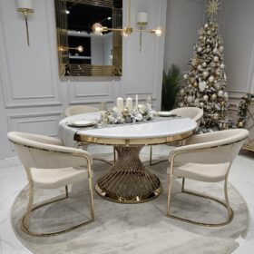 STÓŁ Emporio okrągły, blat ze sztucznego marmuru, złota, zakręcona, designerska podstawa, klasyczny glamour