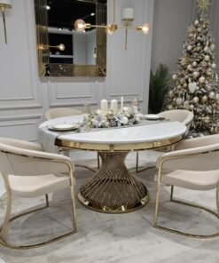 STÓŁ Emporio okrągły, blat ze sztucznego marmuru, złota, zakręcona, designerska podstawa, klasyczny glamour
