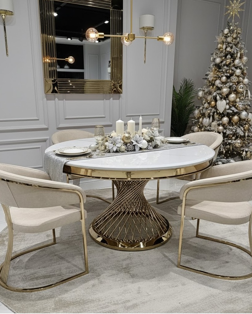 STÓŁ Emporio okrągły, blat ze sztucznego marmuru, złota, zakręcona, designerska podstawa, klasyczny glamour STÓŁ Emporio okrągły, blat ze sztucznego marmuru, złota, zakręcona, designerska podstawa, klasyczny glamour