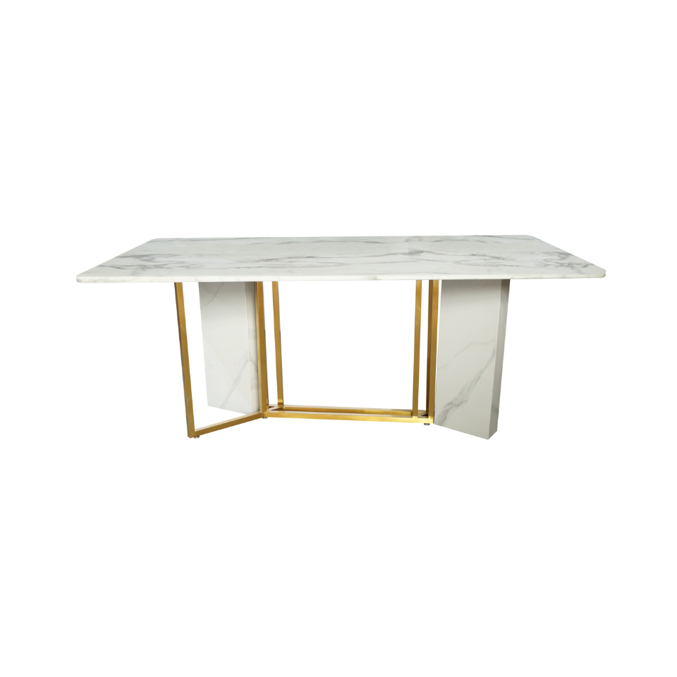 STÓŁ jadalniany, prostokątny, biały blat imitujący marmur, złote nogi, glamour